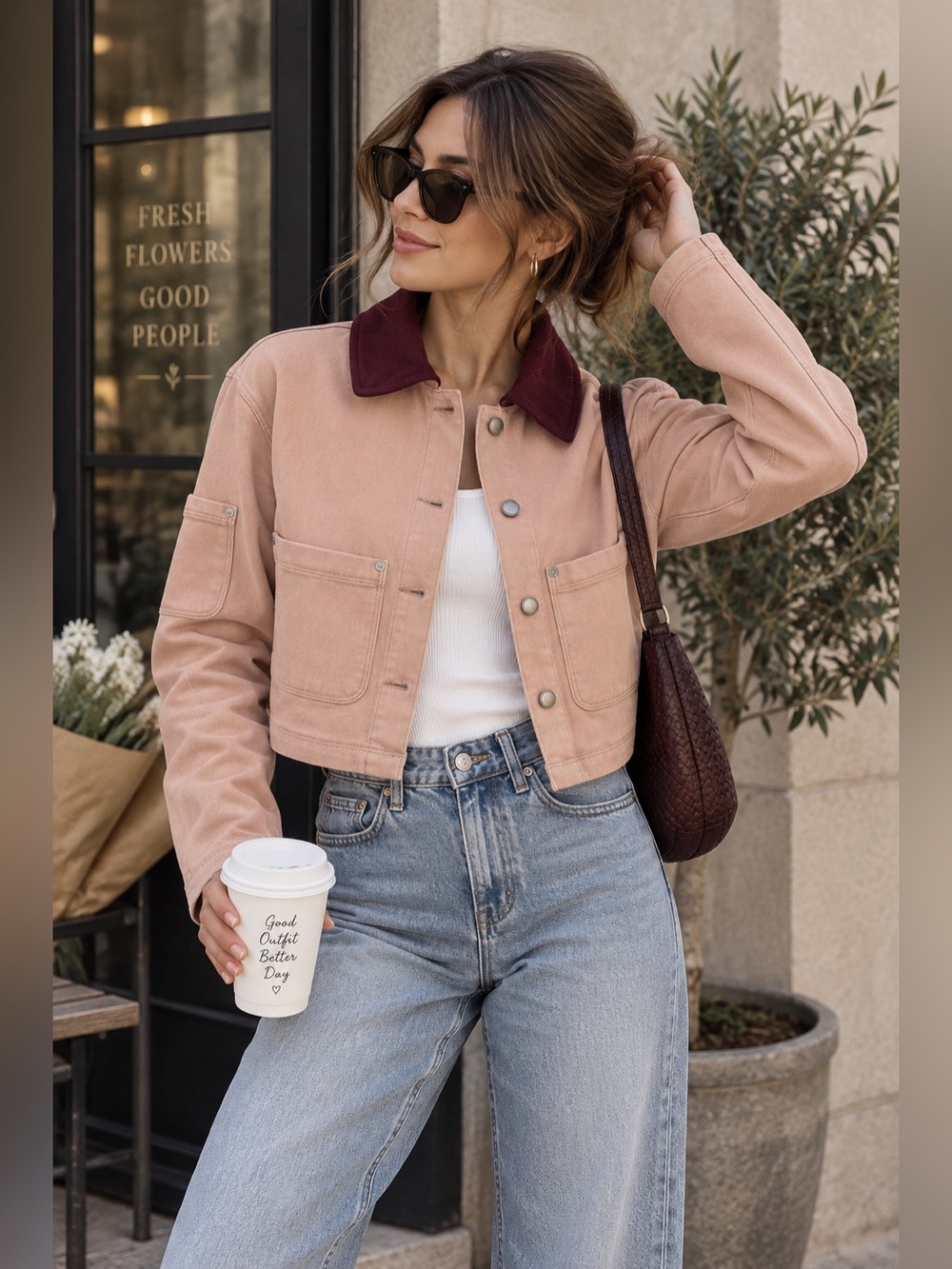 Blush Pink Cropped Utility Jacket Contrast Collar Snap Front Chic Fall Layer